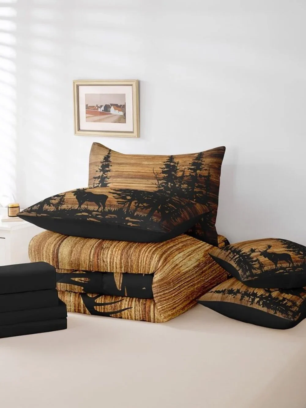 Moose Comforter Set 7 Pieces Twin Size Rustic Cabin Country Bedding Set for Kids
